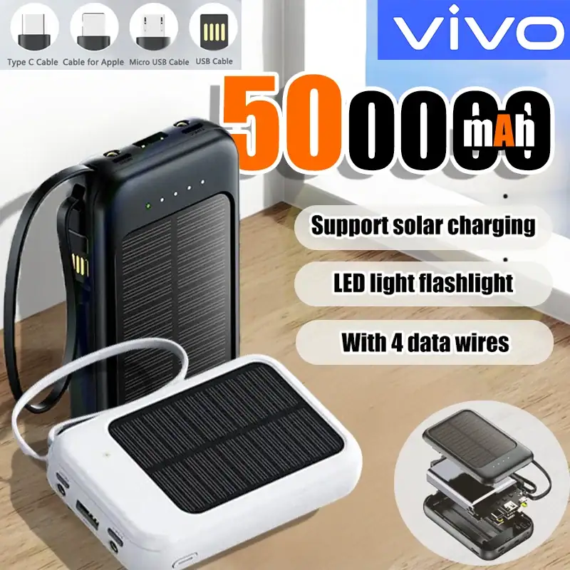 VIVO 50000mAh High Capacity Solar Power Bank Built Cables Solar Charger 2 USB Ports External Charger Powerbank LED Light