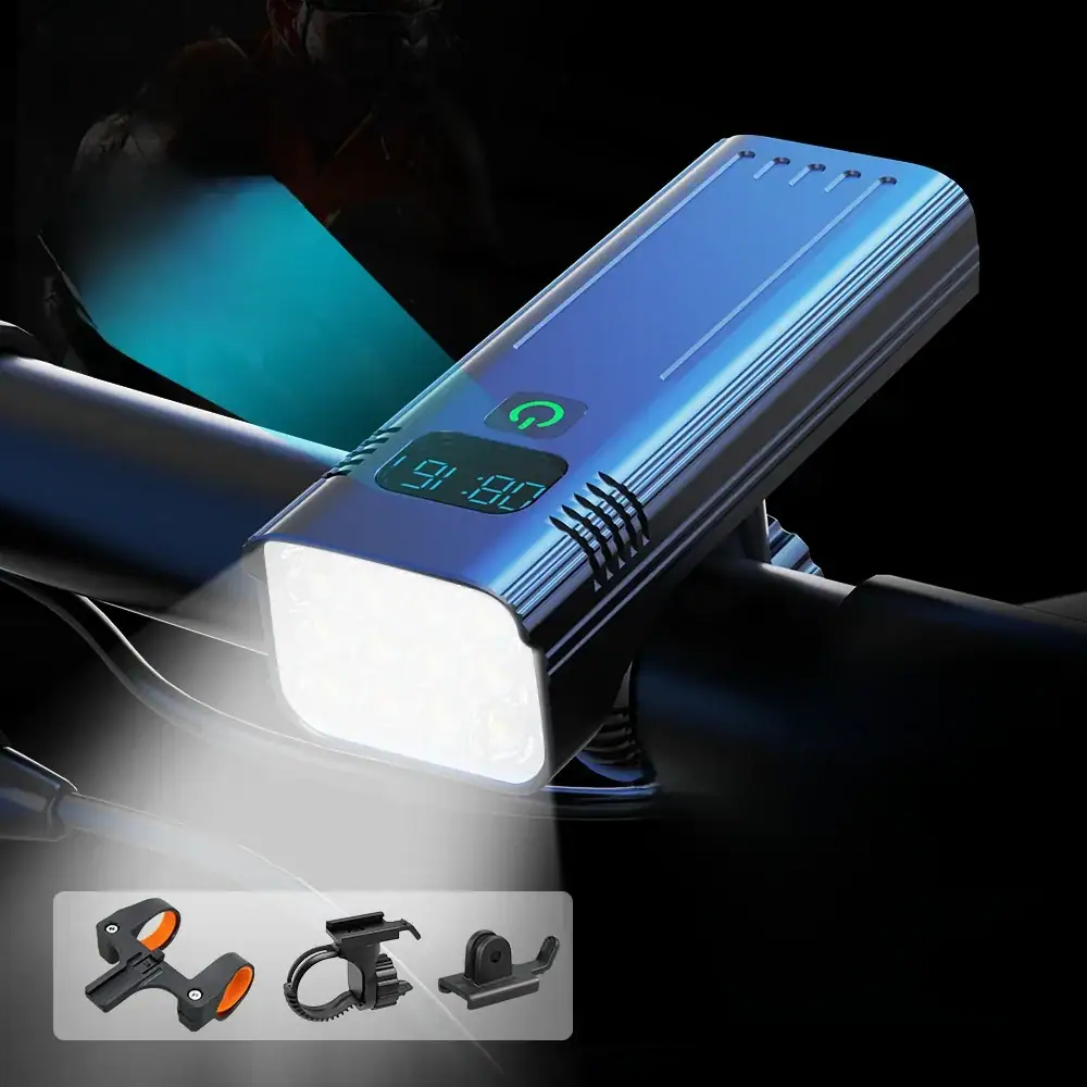 10000mAh Bicycle Light 12LEDs Type-C Digital Battery Indicator USB Rechargeable Bike Light Set with 3 Holders Flashlight