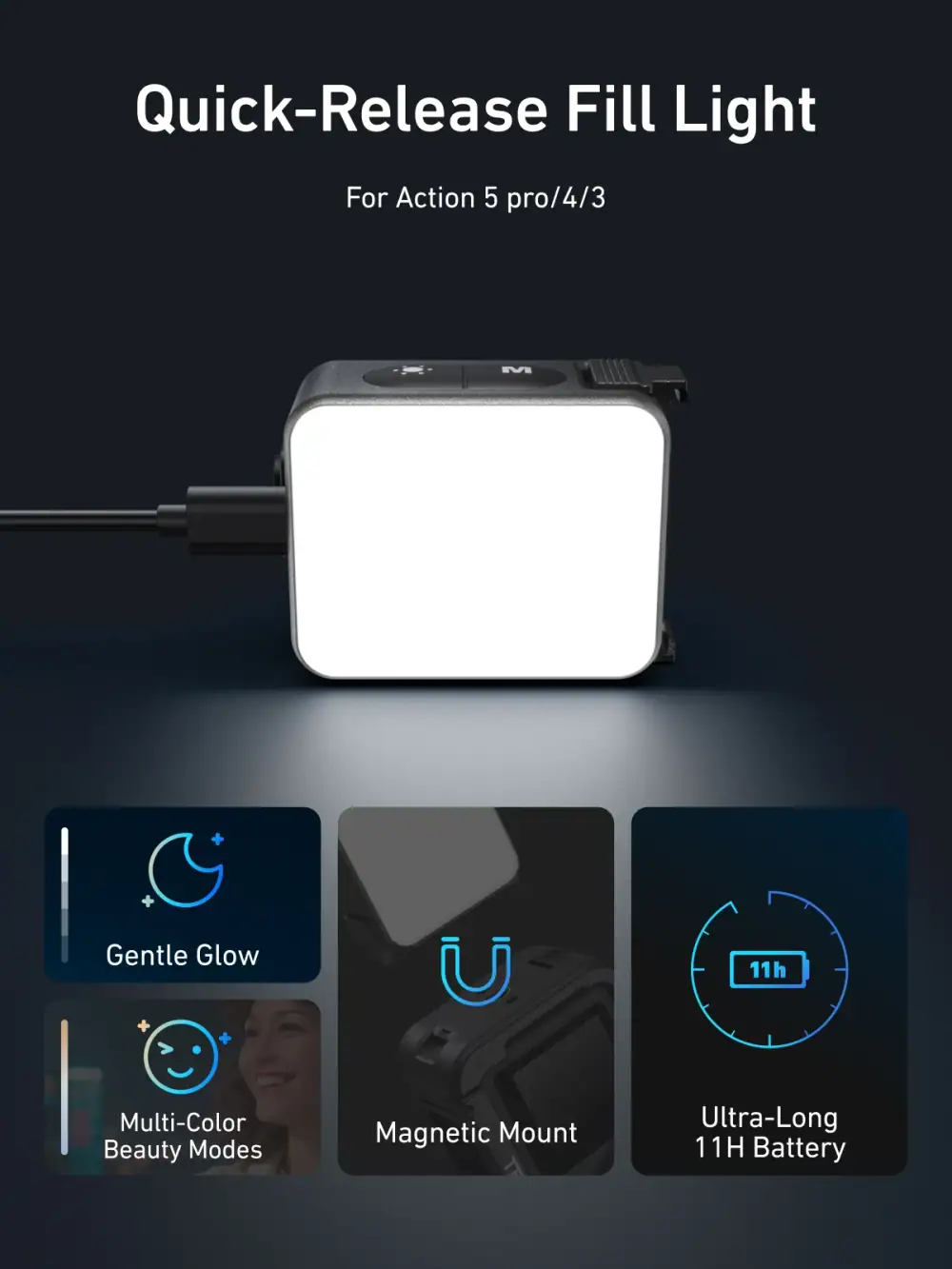 TELESIN Quick Release Fill Light Waterproof Selfie Light For DJI OSMO Action 2 3 4 5pro Selfie Light For Action Camera