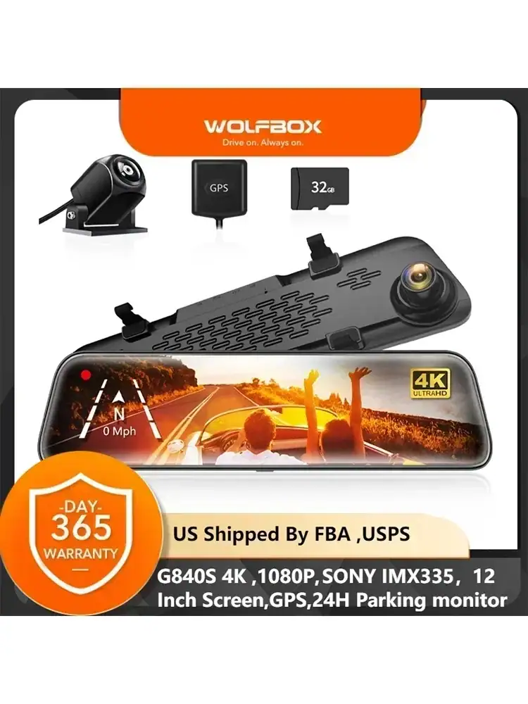 WOLFBOX G840S 12"IPS Dash Camera 4K Rearview Dash Cam GPS Video Recorder Night Vision HD Dual Cameras Car Dvr Parking Monitor