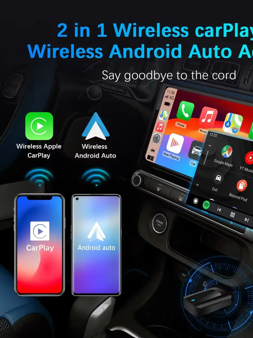 Ezonetronics Wireless CarPlay Android Auto Adapter for Compatible with 99% of Cars, Wireless CarPlay & Android Auto 2 in 1