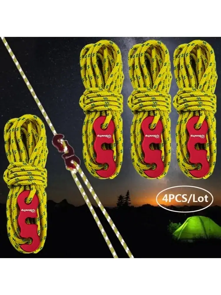 4 Outdoor Tent Ropes, Reflective Ropes Canopy Ropes Reinforced Windproof Ropes with Buckles To Ensure Safety Camping Accessories