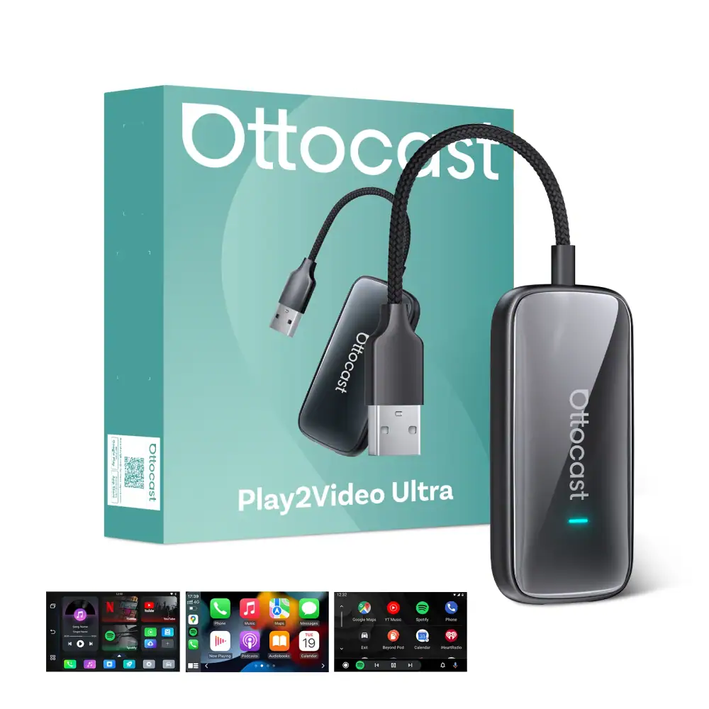 OTTOCAST Play2Video Ultra Wireless CarPlay AI Box Video Streaming for Car YouTube Netflix IPTV Plug&Play for Factory Wired CarPl