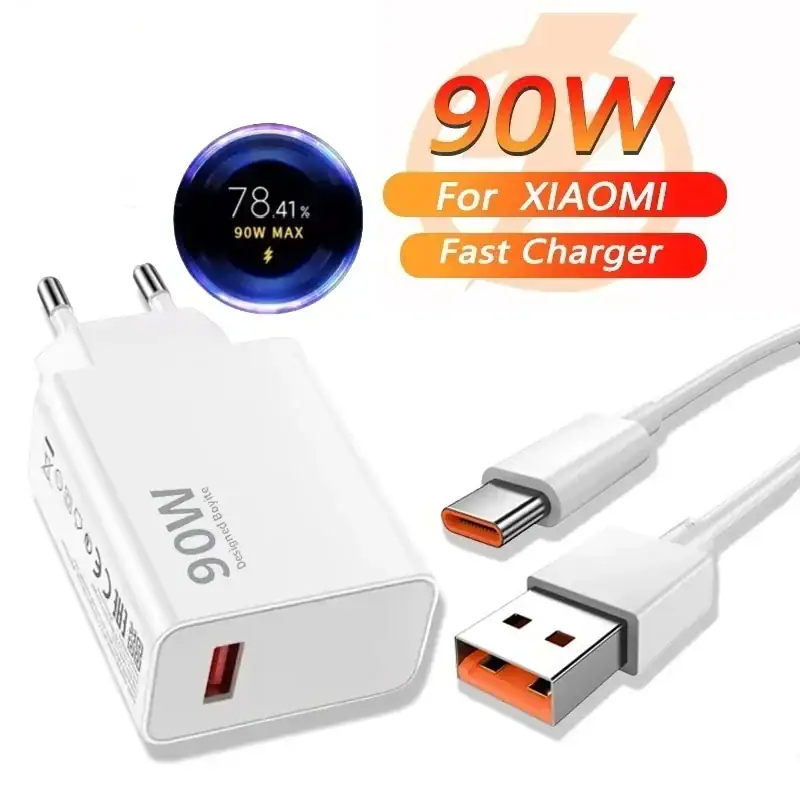 90W Charger Fast Charge Quick USB 3.0 Type- C Fast Charging Cable EU Charge Adapter For Xiaomi 15 14 Ultra Redmi VIVO Samsung