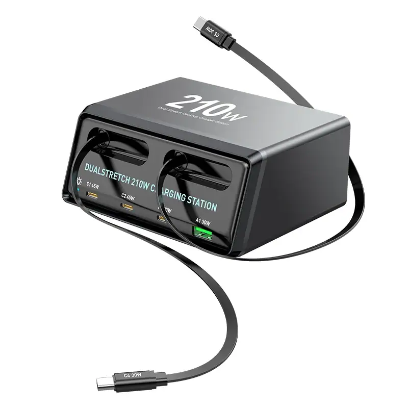 AIXXCO 210W Fast Charging Station Dual Built-in Cables USB-C Multi-Port USB Charger with Type-C 30W QC3.0 Port
