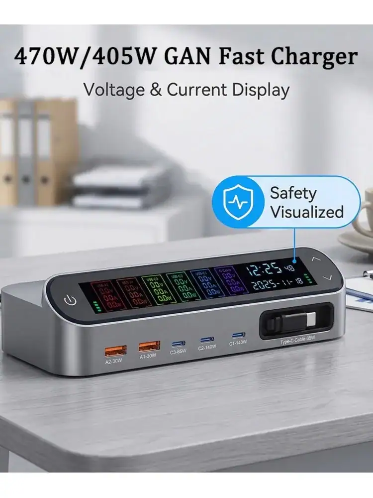 470W/405W GAN Fast Charger with LCD Display Screen Multi Port 140W Type C Desktop Charging With 65W Scalable Charging Cable