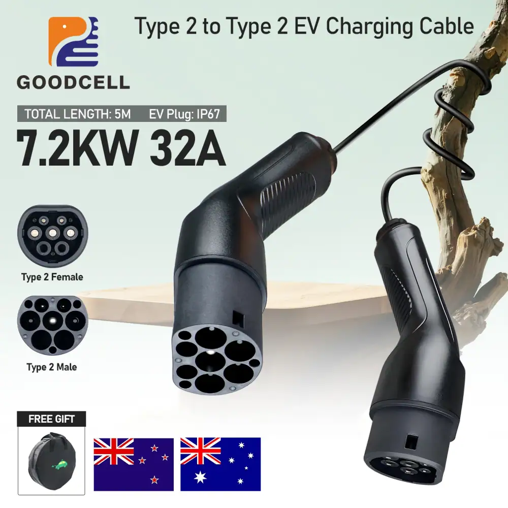 GOODCELL Type2 to Type2 EV Charging Cable 32A 1/3 Phase 7.2/22kW IEC62196 200V-450V Charging Cord for Type 2 EV Electric Ca