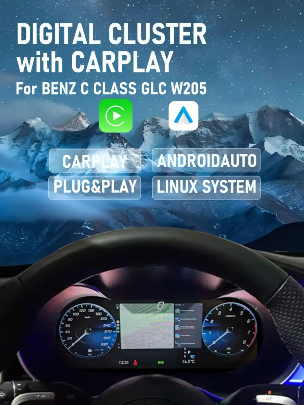 BONROAD 12.3‘’ LCD Digital Dashboard Wireless CarPlay Android auto Panel Cluster Instrument For Mercedes Benz C CLASS GLC W205 Speedometer Virtuele Cockpit Voor