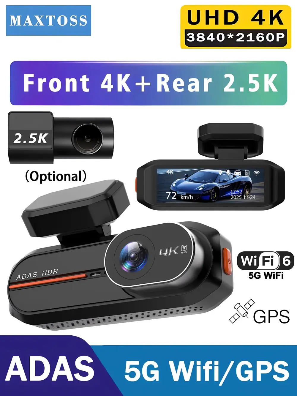 UHD 4K 3840*2160P Dash Cam ADAS WiFi GPS Front 4K Rear 2.5K DVR Video Recorder 24H Night Vision Dash Cam Car Camera Box