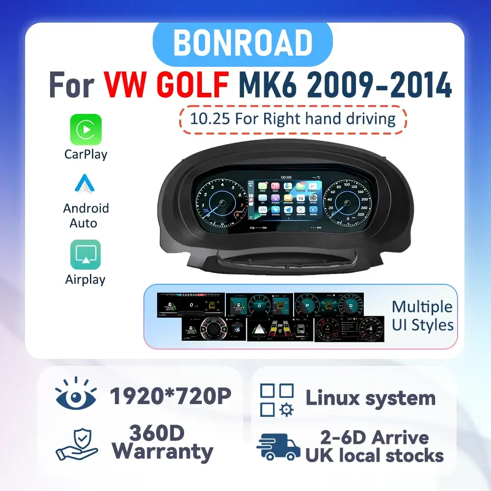 BONROAD 1920*720P Wireless CarPlay Android Auto Digital Dashboard Cluster For VW Golf 7 7.5 2013-2020 modify Car Radio Instrument Panel Cockpit