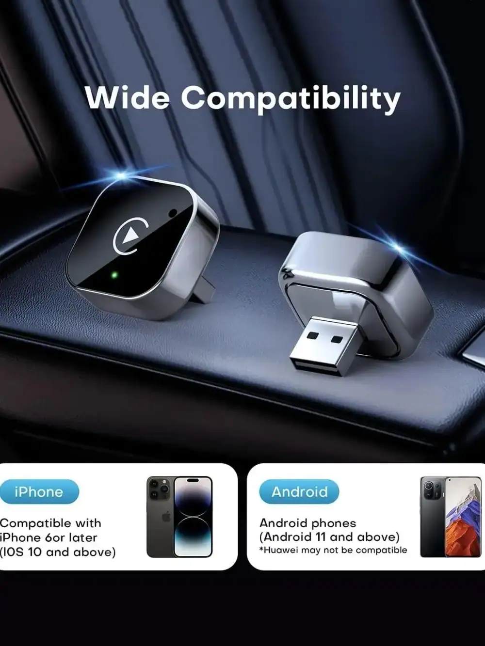 Wireless CarPlay & Android Auto Dongle, Fast Auto-Connect, Compact Plug & Play /Android, USB/USB-C, No Delay