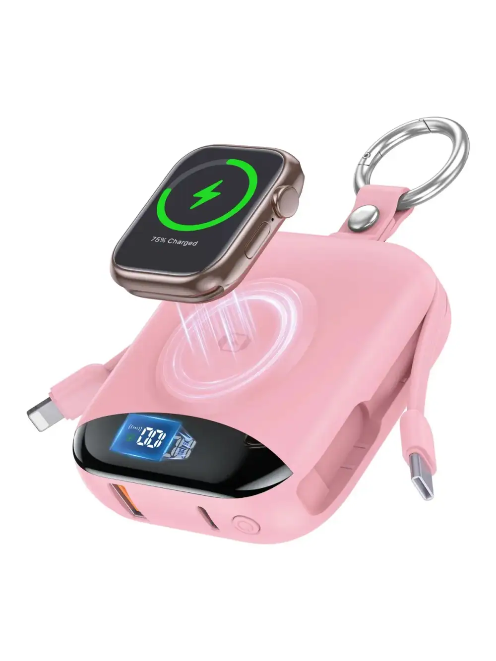 10000mAh 22.5W Fast Charging Power Bank with Built-in Cables, 4-in-1 Charger with LED Display Keychain for IWatch Phone