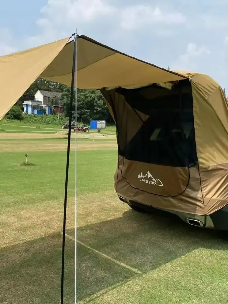 Outdoor Multi-person SUV Camping Tent with Barbecue Area Rain And Sun Protection Extended Caravan Tent with Fence Iron Rod Inclu