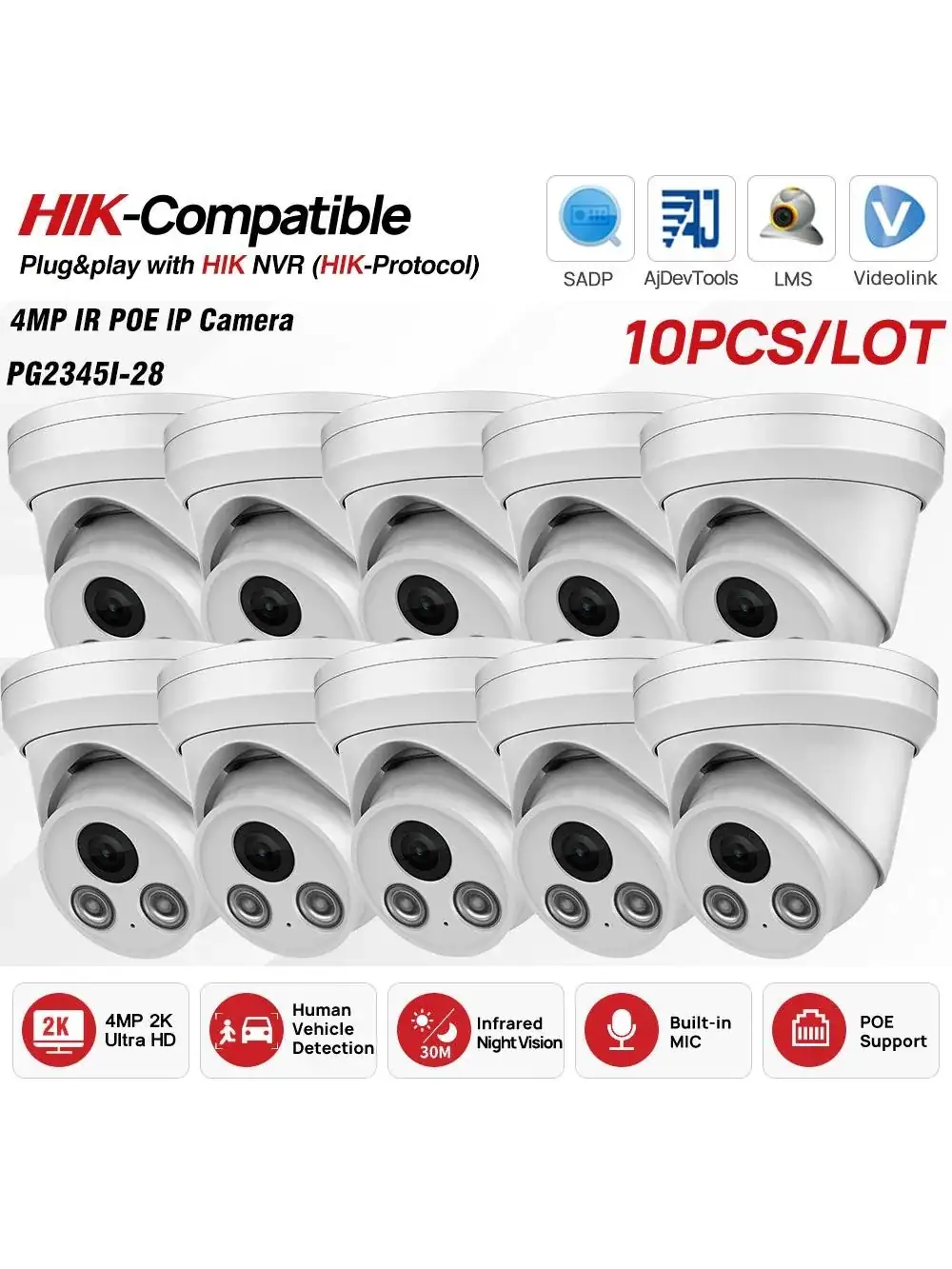10PCS Hikvision Compatible 4mp PoE IR IP Camera Bulit-in Mic Security Surveillance IP Camera Plug&Play with HIK NVR