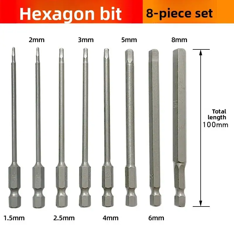 8Piece Set 100mm Magnetic Hexagonal Screwdriver Head Electric Screwdriver Nozzle Screwdriver 1/4 Handle Screwdriver Head