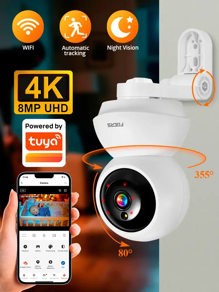 FUERS 4K 8MP WiFi IP Camera With Adjustable Bracket Tuya Smart Home Security Wireless Surveillance Camera Baby Monitor Cam