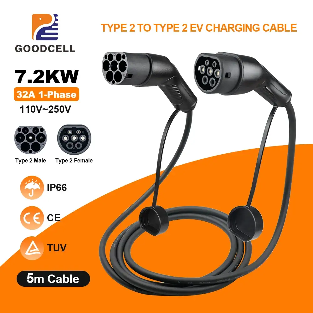 GOODCELL EV Charging Cable Type 2 to Type2 16A/32A IEC62196-2 1Phase 200V-240V Use for Type 2 Electric Vehicles Charging
