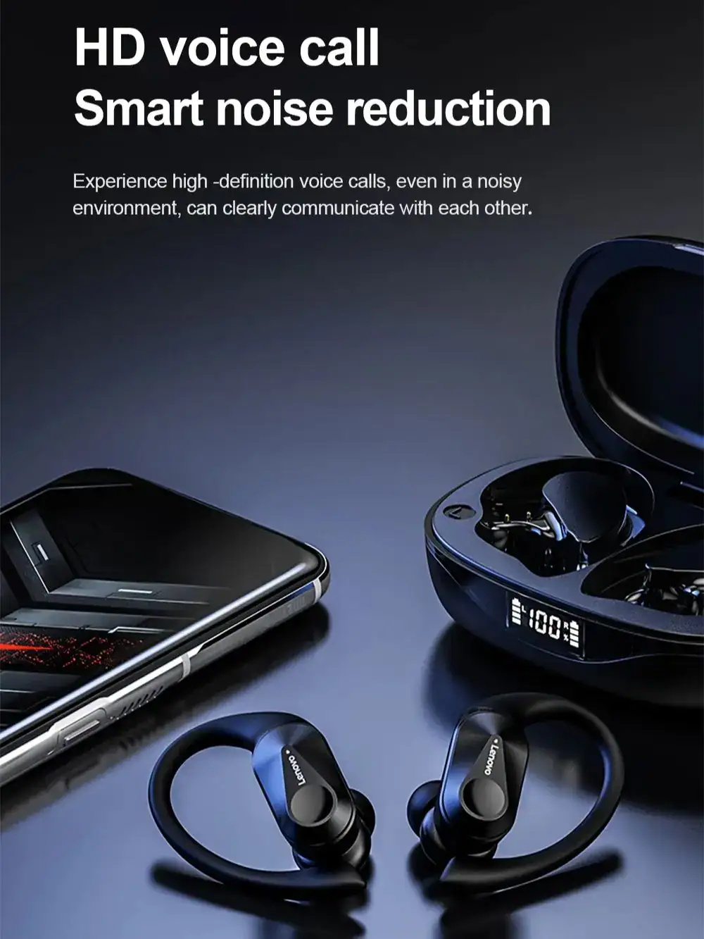 Lenovo LP75 Earhooks Sports Wireless Earbuds with Mics,Button Control, LED Power Display,Hifi Stereo Sound Bluetooth TWS Headset