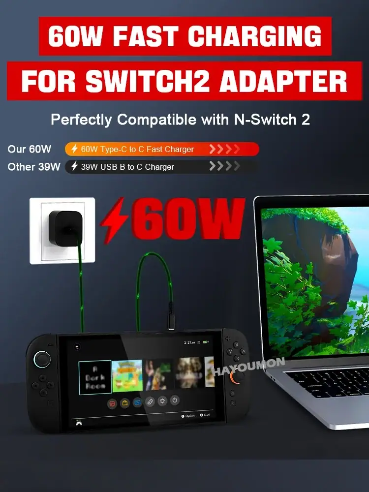 60W EU US Fast AC Adapter Charger Plug for Switch 2 20V/3A Power Supply with 1.5M USB Type-C Charging Cable Support TV Mode