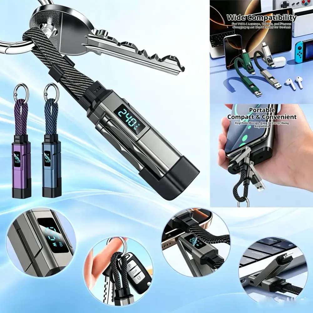 In Stock 4 in 1 65W** Keychain Charging Cable USB C Cable with V/A/W Display Type C for Cord for Laptop Mobile Phone