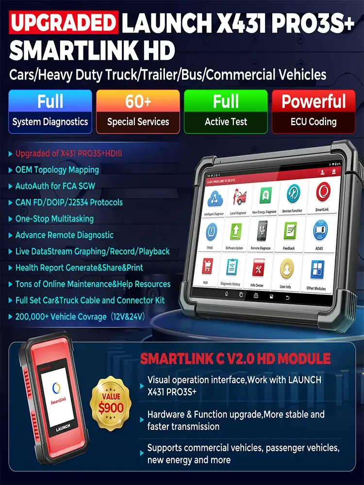 Arrival-LAUNCH X431 PRO3S+ SmartLink HD 12V Car 24V Truck Full System Diagnostic Tools 10.1' INCH Auto OBD OBD2 Scanner