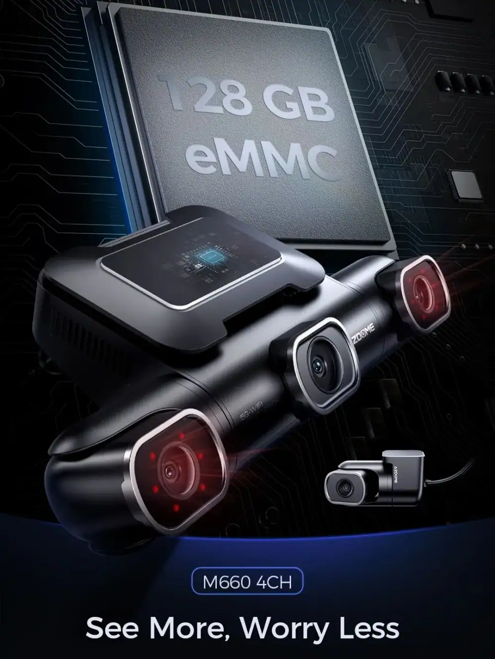 AZDOME Dash Cam M660 2K+3*1080P 4CH Car DVR GPS 5G Wifi Built-in 128GB eMMC Voice Control 24H Parking Monitor Super Night Vision