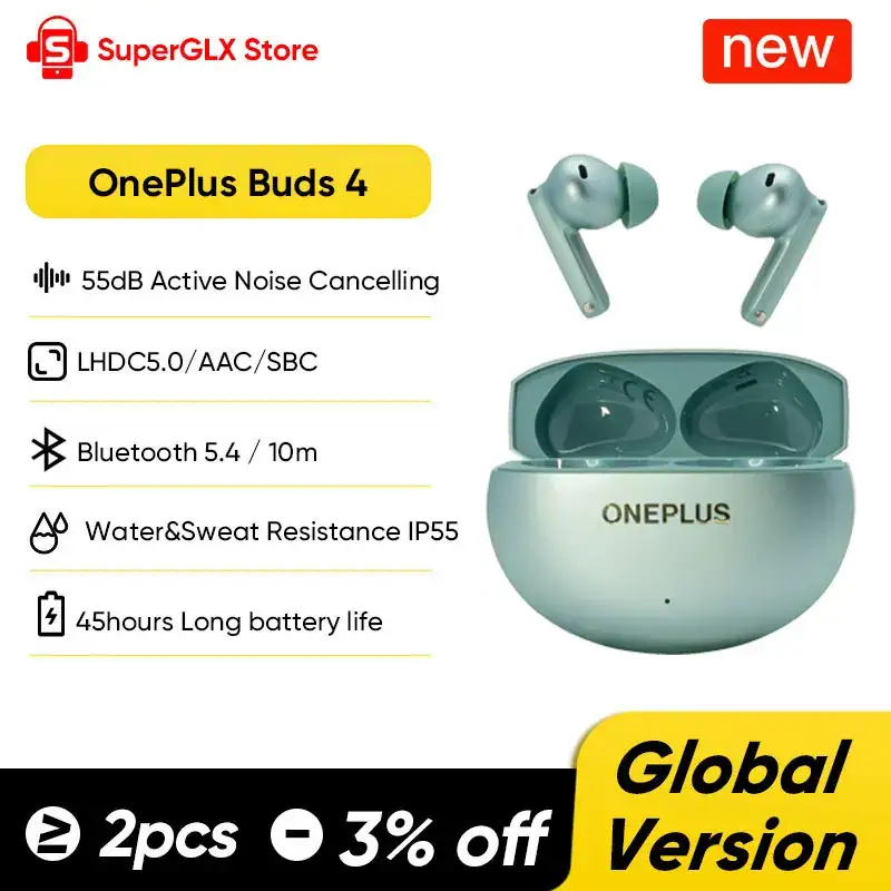 Global Version OnePlus Buds 4 True Wireless AI Call Noise Cancelling Earphones 55dB Long Range IP55 Waterproof Earbuds
