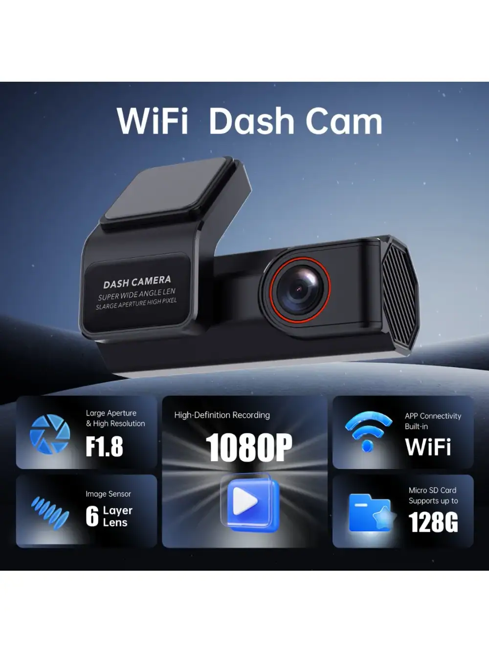 Car Dash Cam WiFi Connectivity Seamless Loop Recording Intuitive App Control Ready-to-Use Memory Card Included Driving Recorder