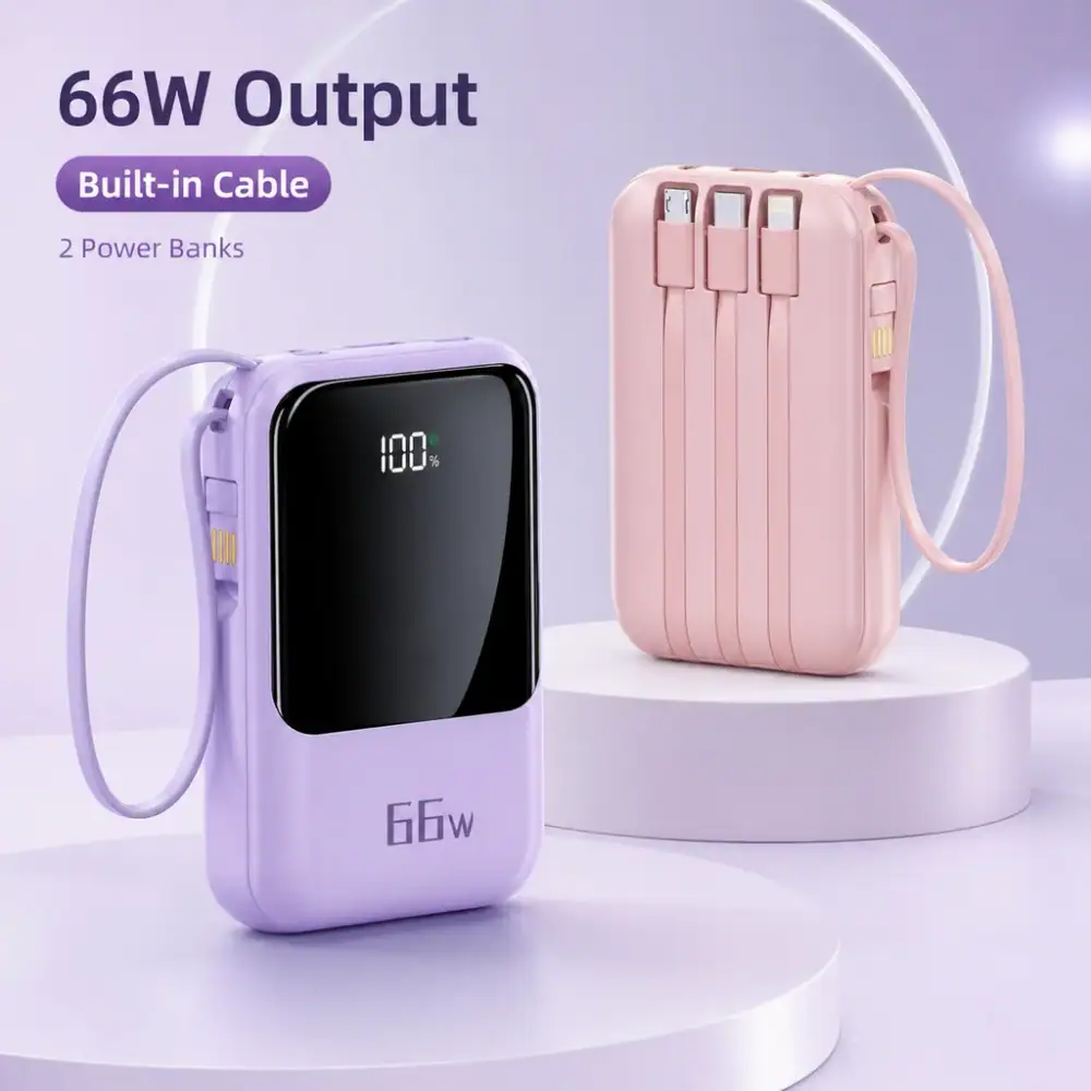 Power Bank 20000mAh 66W Fast Charging Charger With Built-in Cable For Mobile Devices Large Capacity Travel Backup