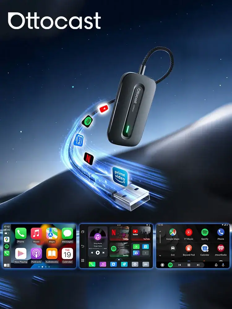OTTOCAST Play2Video Pro Wireless Carplay Adapter Android Auto Ai Box Built in Youtube Netflix for Car with Wired Carplay