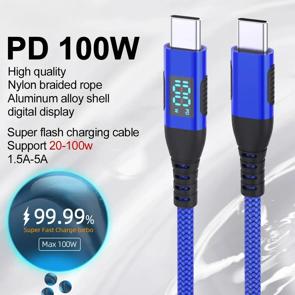1/2/3M 100W Type C to C Fast Charging Cable with Digital Display 5A Type C Charger Cord for iPhone15/16 Samsung Xiaomi Laptop