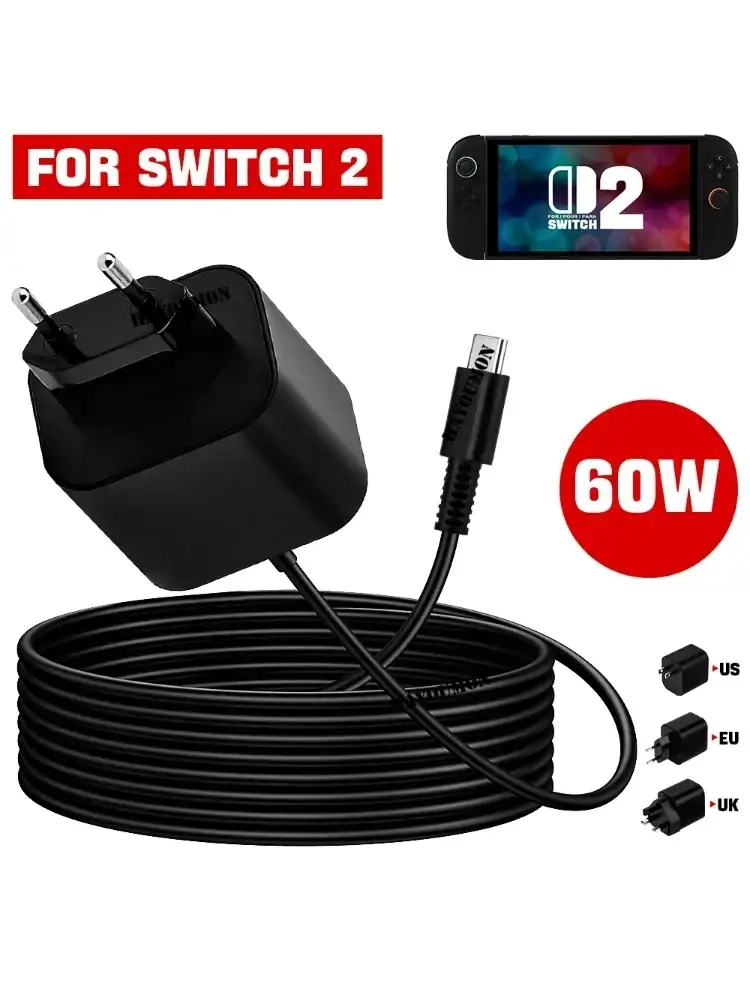 EU US UK Plug 60W AC Adapter Charger For Switch 2 2025 USB TypeC 20V/3A Power Supply w 1.5M USB-C Charging Cable Support TV Mode