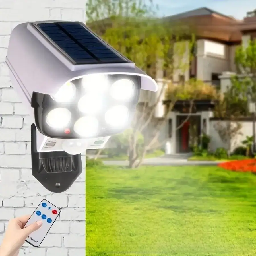Outdoor Motion Sensor Solar Lights 77 LED FloodLight Waterproof Wireless Dummy Decoy Fake Security Camera for Porch Garden Patio