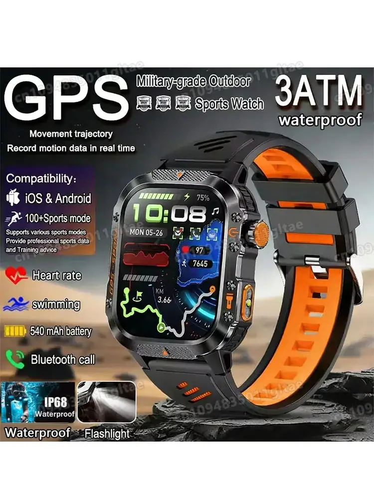 2026 Military-grade Smart Watch Men GPS Flashlight 3ATM Waterproof Watch Bluetooth Call 100+Sport Outdoor Smartwatch Pk MA27