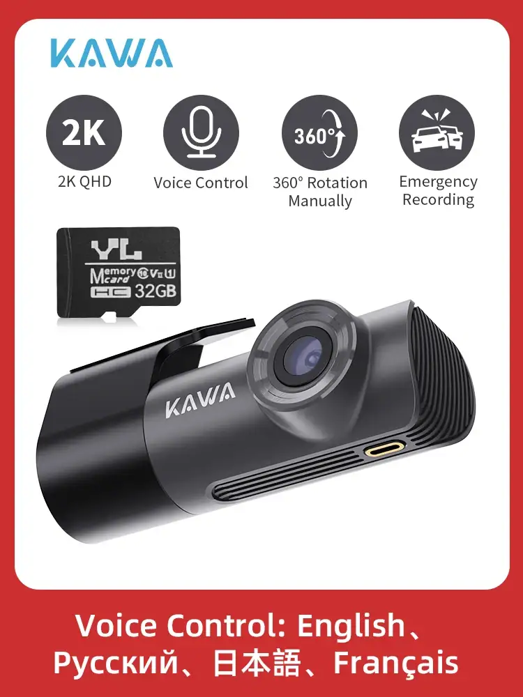 2K Dash Cam For Cars DVR Recorder Front Dash Camera KAWA D5 Emergency Video Recording EN,RU,FR,JP Voice Control WiFi APP Monitor