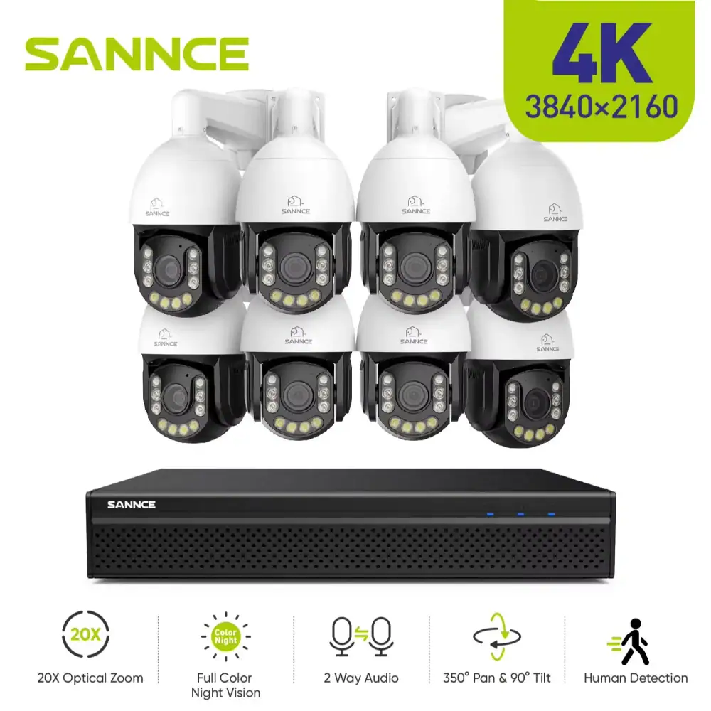 SANNCE 4k Security Camera System 8CH NVR 20X Optical Zoom 8MP Poe Camera Outdoor IP66 Color Night Vision PTZ cctv camera