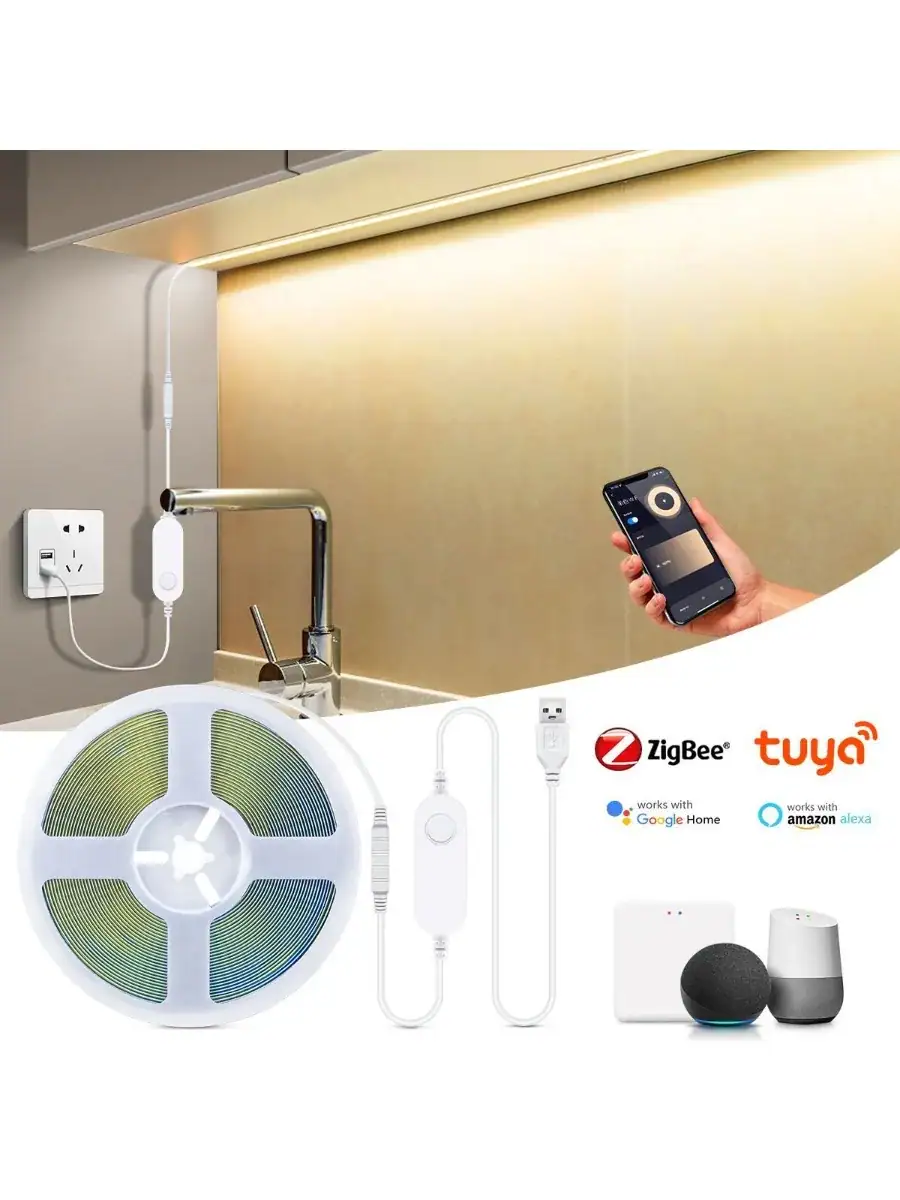 5V USB Zigbee Tuya Wifi LED Strip Set Zigbee3.0 Controller 320LEDs/M COB LED Strip Light Smart Life APP Control for Alexa Google