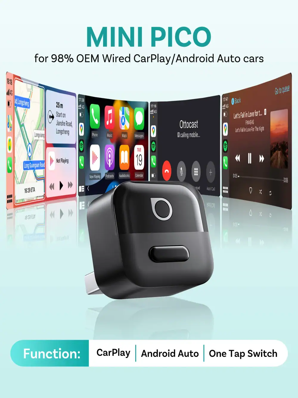 Ottocast Wireless Android Auto CarPlay Adapter Pico 2 in 1 USB Dongle with Smart Button for Kia Honda Chery Nissan Volvo